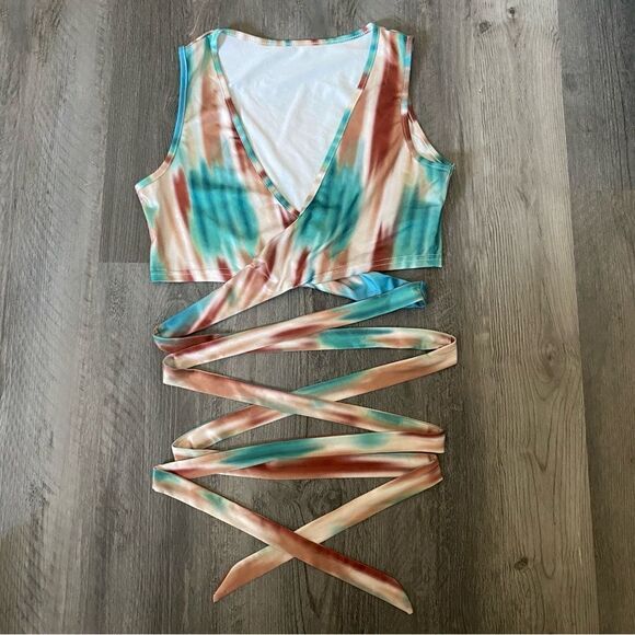 SHEIN Wrap Top Small Adjustable Aqua Teal Festival Party Crop - Picture 2 of 9